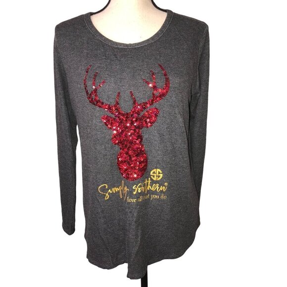 Plaid Top Sparkle Reindeer Womens Size M Red Sequin Gray Mixed Media Christmas - Picture 2 of 11